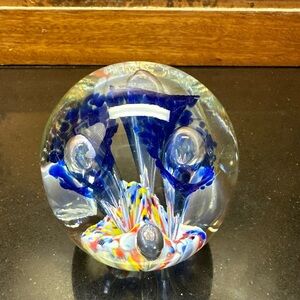 Gentile Glass Star City, WY Floral Controlled Bubble Glass Paperweight 3” Oblong